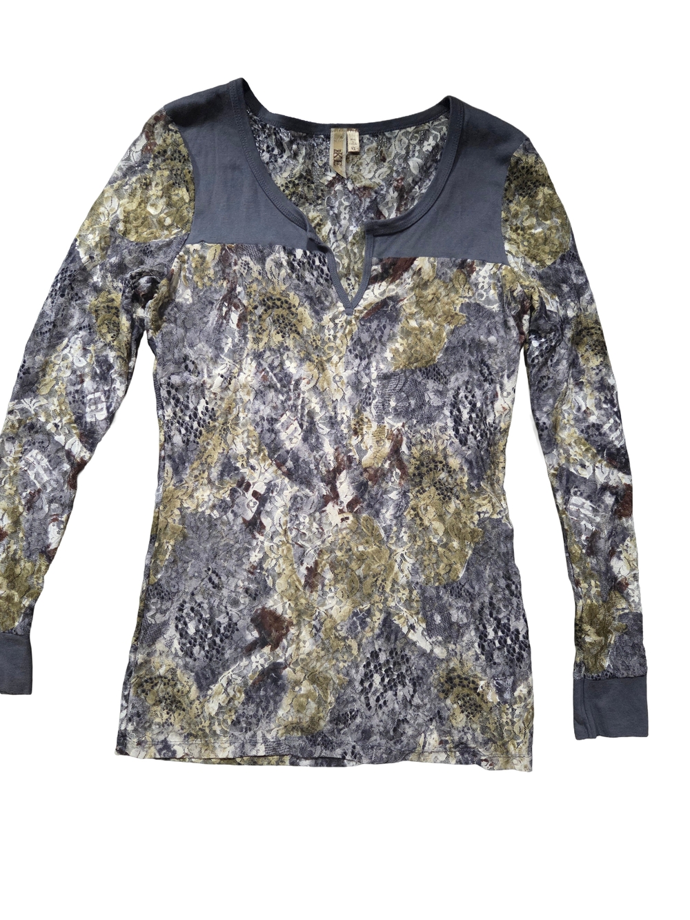 BKE Buckle Women's XL Long Sleeve Split V-Neck Top Olive Grey Lace Y2K